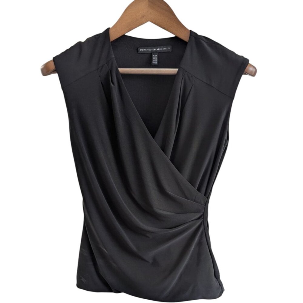 WHBM NWOT XXS Crossover Side Gathered Black V-Neck Blouse Sleeveless